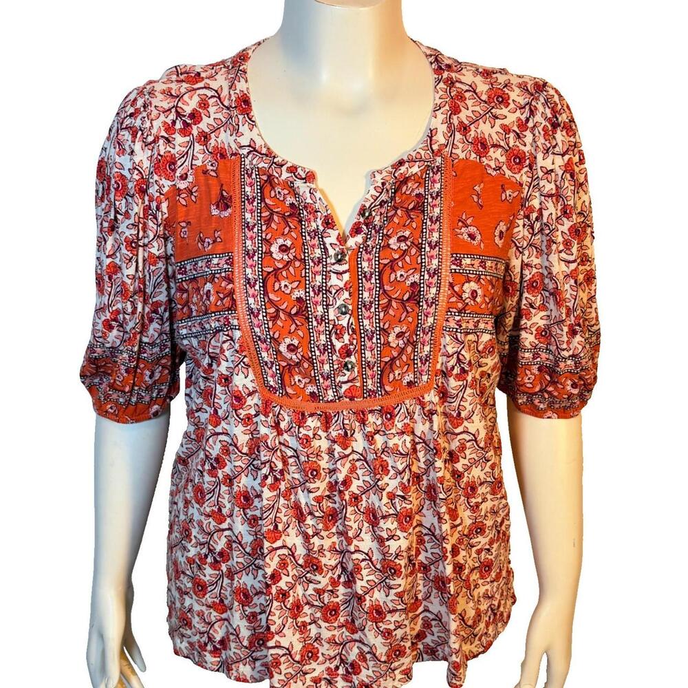 Wonderly Short Sleeve Peasant Top Women's PXL Orange Bib Henley V-Neck Floral